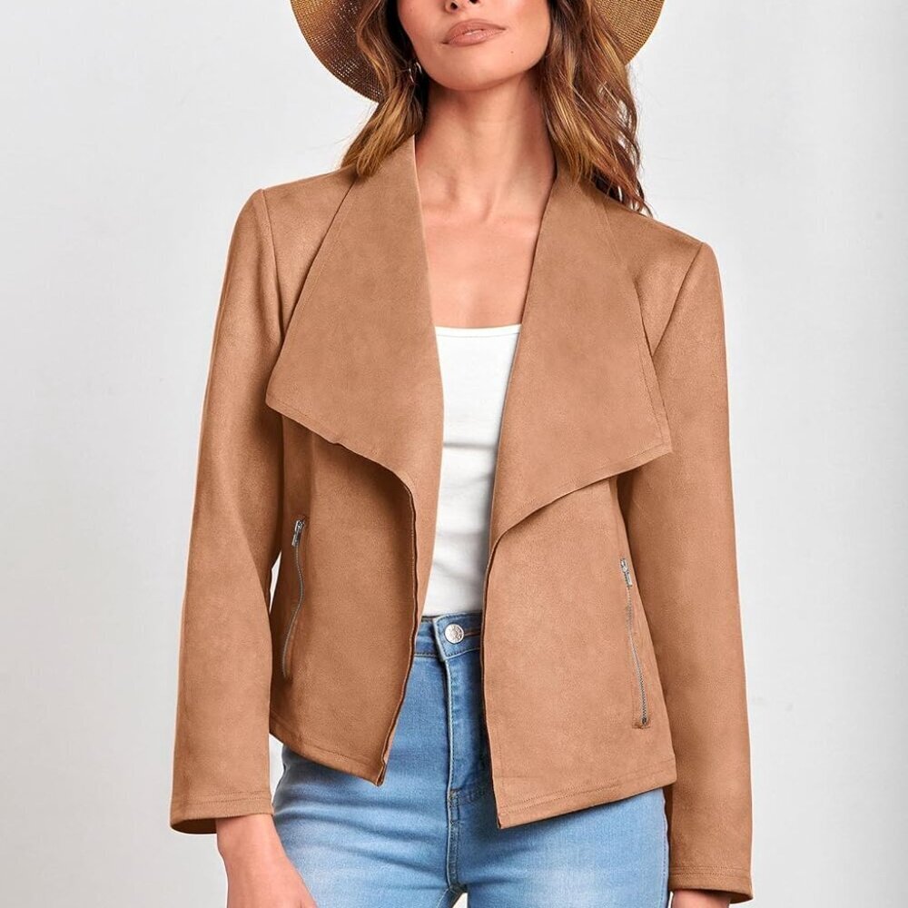 Brand New Women's Faux Suede Cropped Jacket in Camel, Size Small, Trendy Fall Fa - Picture 8 of 9
